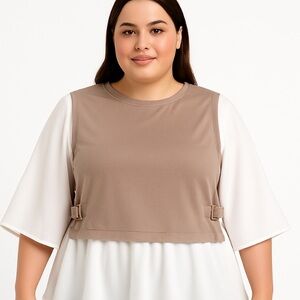 COCOMO Woman 2X Taupe/White Layered Blouse w/ Buckled Vest Overlay